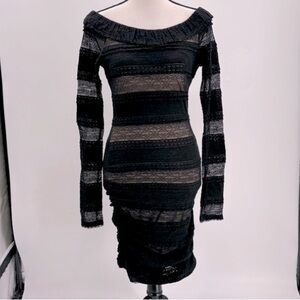 NWT BCBG black lace , nude lined long sleeve midi dress size small
